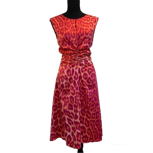 Just Cavalli Fuschia Pink and Orange Animal Printed Satin Ruched Detail Dress 48 - Picture 1 of 14
